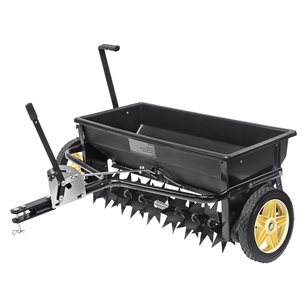 VEVOR Broadcast Spreader, 100 LB Tow Behind Poly Drop Spreader with 10" Wheels, Steel Spike Aerator, Fertilizer Spreader, Garden Seeder, and Salt Spreader, for Residential, Farm, Tough Terrain, Black