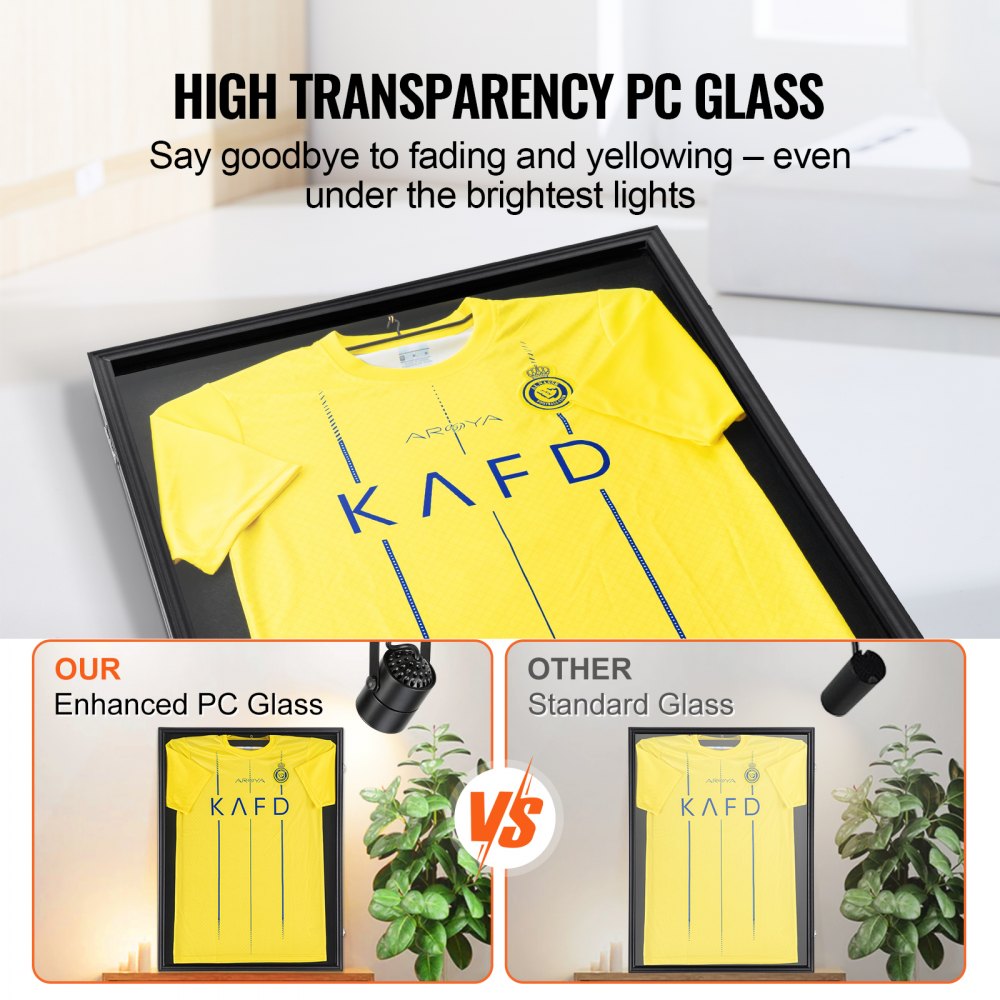 VEVOR jersey display frame with high transparency pc glass protecting a yellow jersey from fading and yellowing.