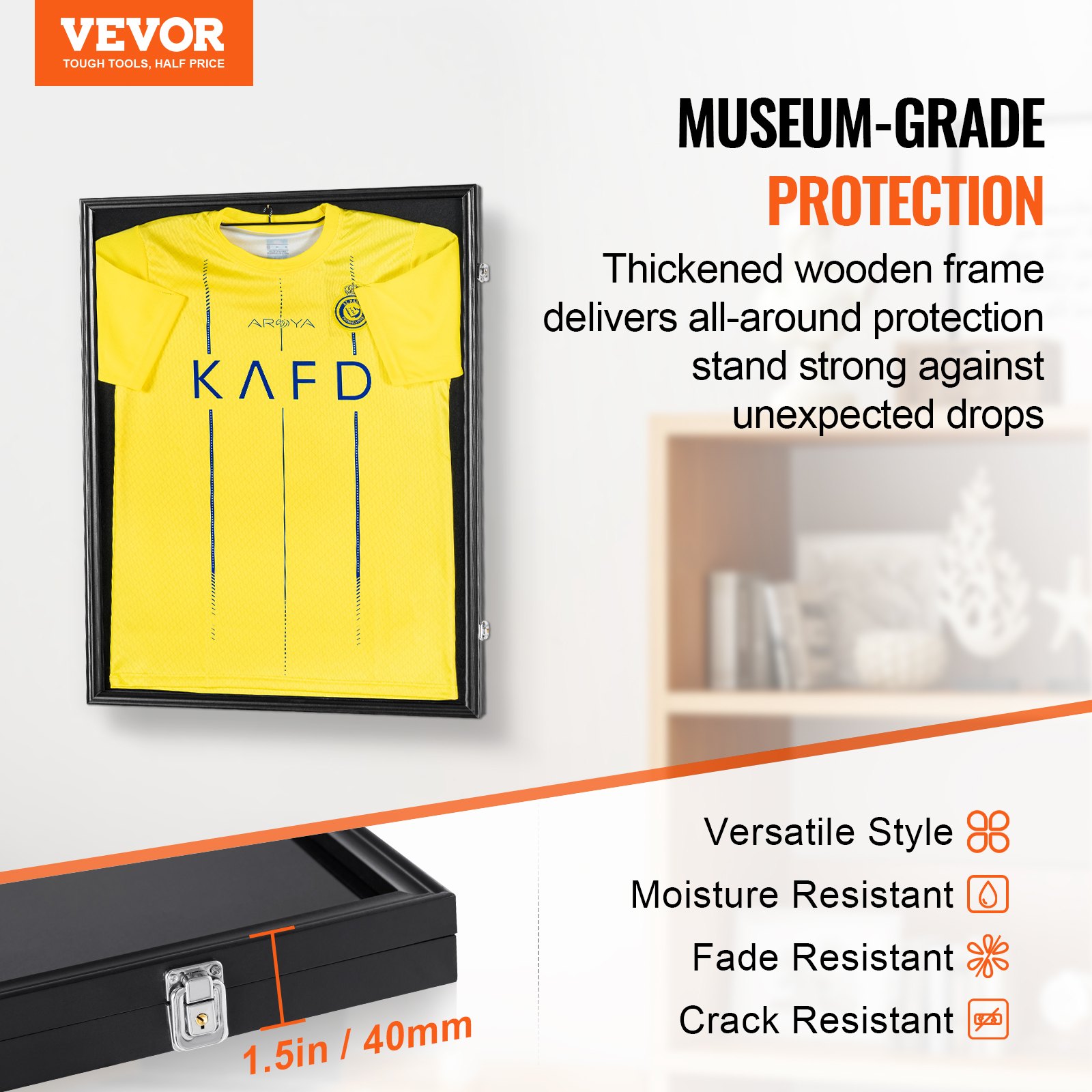 VEVOR jersey display frame with wooden protection, perfect for versatile and moisture-resistant display.