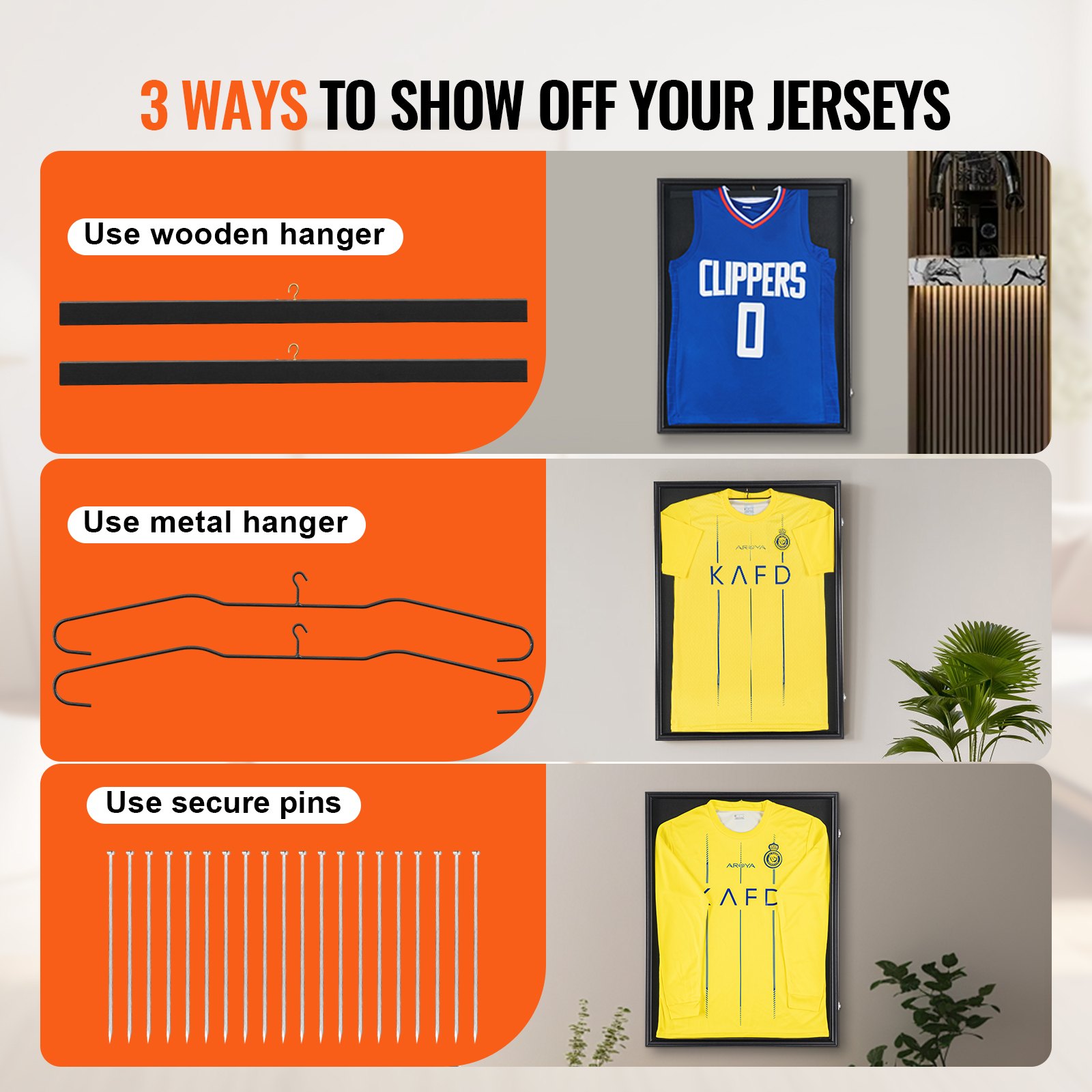 3 ways to display jerseys in a VEVOR jersey display frame: wooden hanger, metal hanger, secure pins.