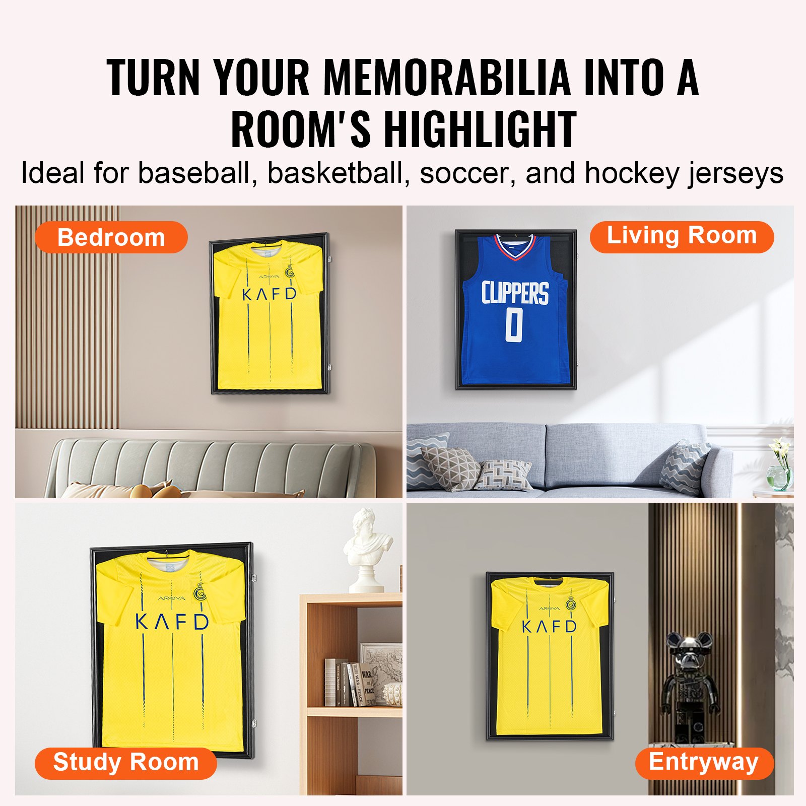 VEVOR jersey display frame showcasing sports jerseys in bedroom, living room, study room, and entryway.
