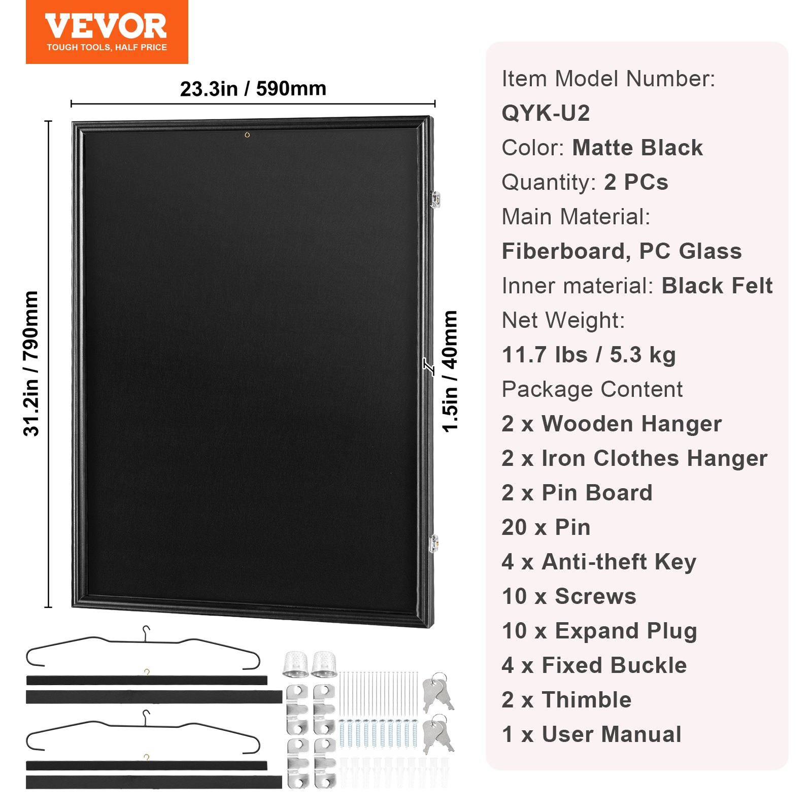 VEVOR jersey display frame, matte black, 23.3x31.2in, includes hangers, anti-theft keys, and hardware.