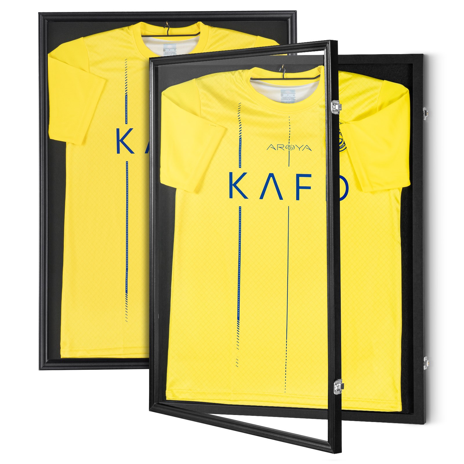 yellow jersey in a VEVOR jersey display frame with a black border, partially open to show details.