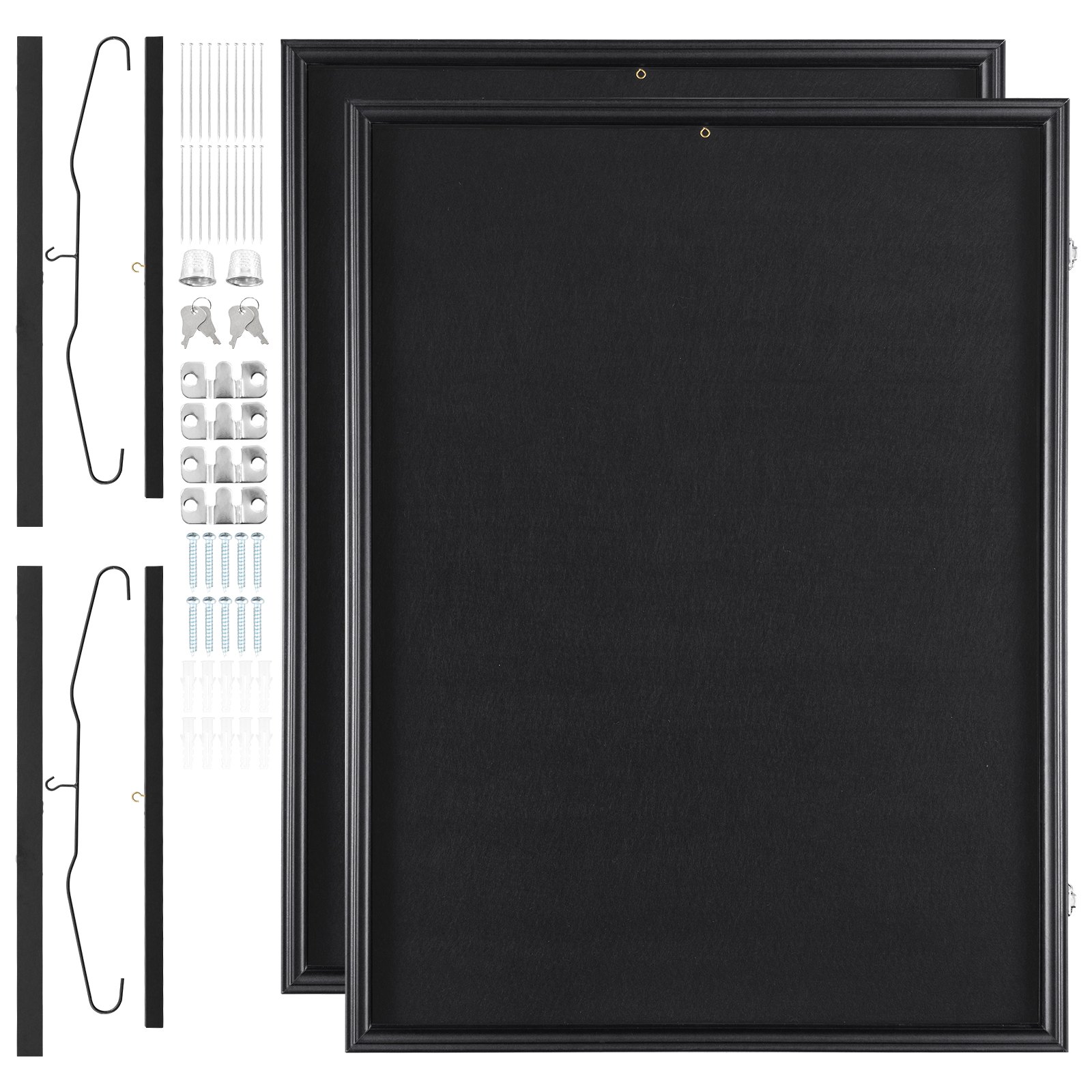 two black VEVOR jersey display frames with installation hardware and accessories.