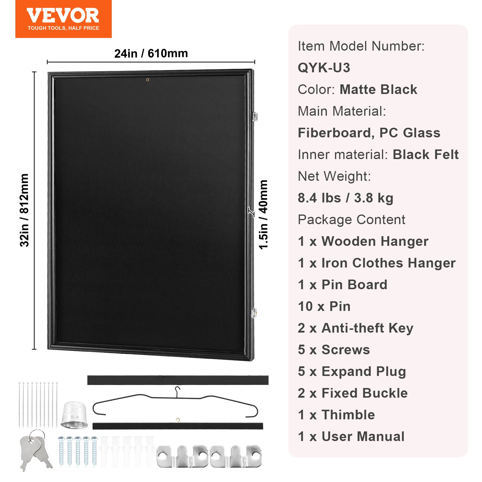 VEVOR Jersey Display Frame Case, 24 x 32 x 1.5 in/61 x 81.3 x 3.8 cm, Large Lockable Sport Jersey Shadow Box with 98% UV Protection PC Glass and Hangers, for Baseball Basketball Football Hockey Shirt and Uniform, Black