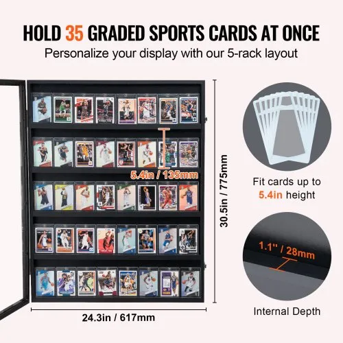 VEVOR 35 Graded Sports Card Display Case, 24.3x30.5x2.1 in/61.7x77.5x5.3  cm, Baseball Card Display Frame with 98% UV Protection Clear View PC Glass,  Lockable Wall Cabinet for Football Basketball Hockey Trading Card |