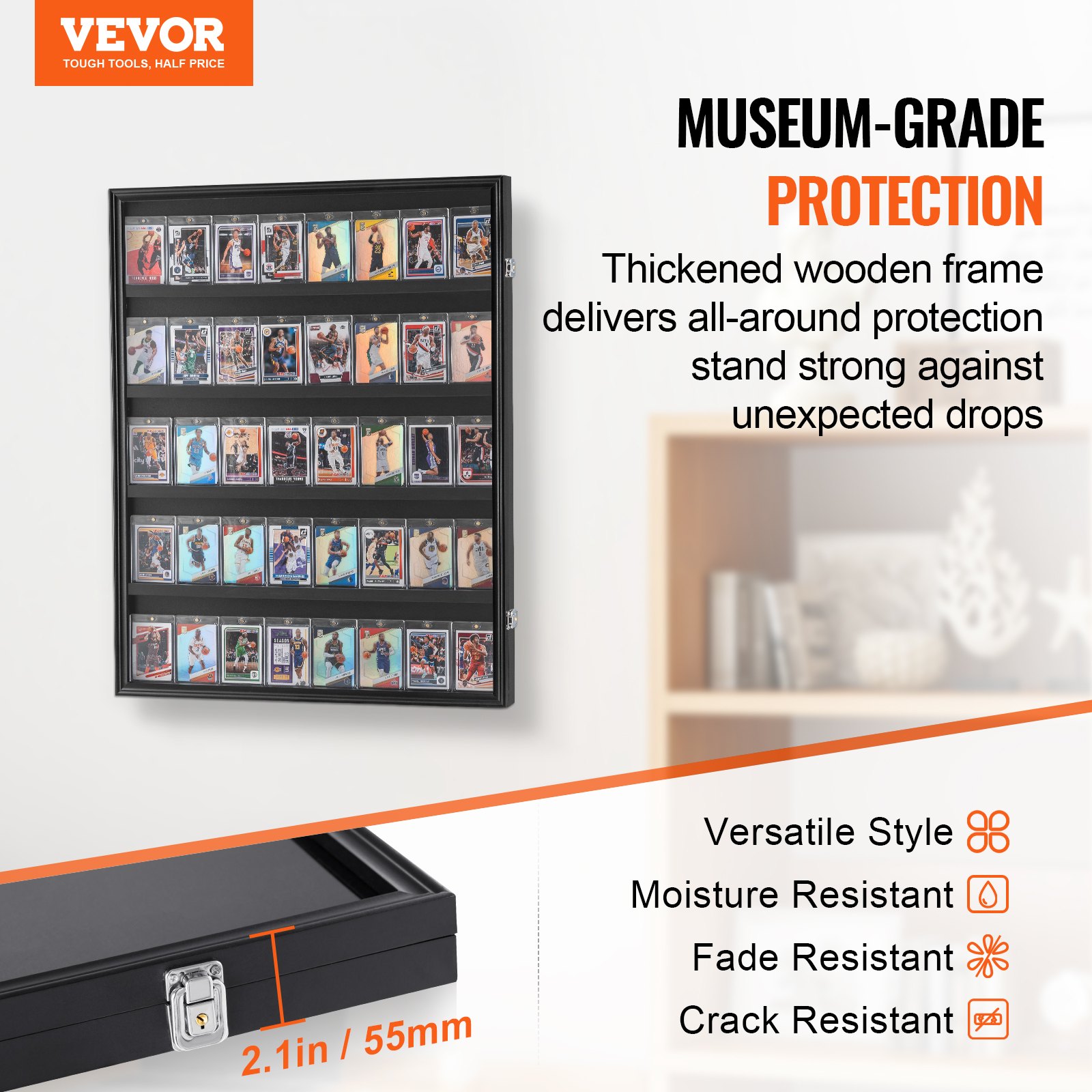 VEVOR 35 Graded Sports Card Display Case, 24.3x30.5x2.1 in/61.7x77.5x5.3 cm, Baseball Card Display Frame with 98% UV Protection Clear View PC Glass, Lockable Wall Cabinet for Football Basketball Hockey Trading Card