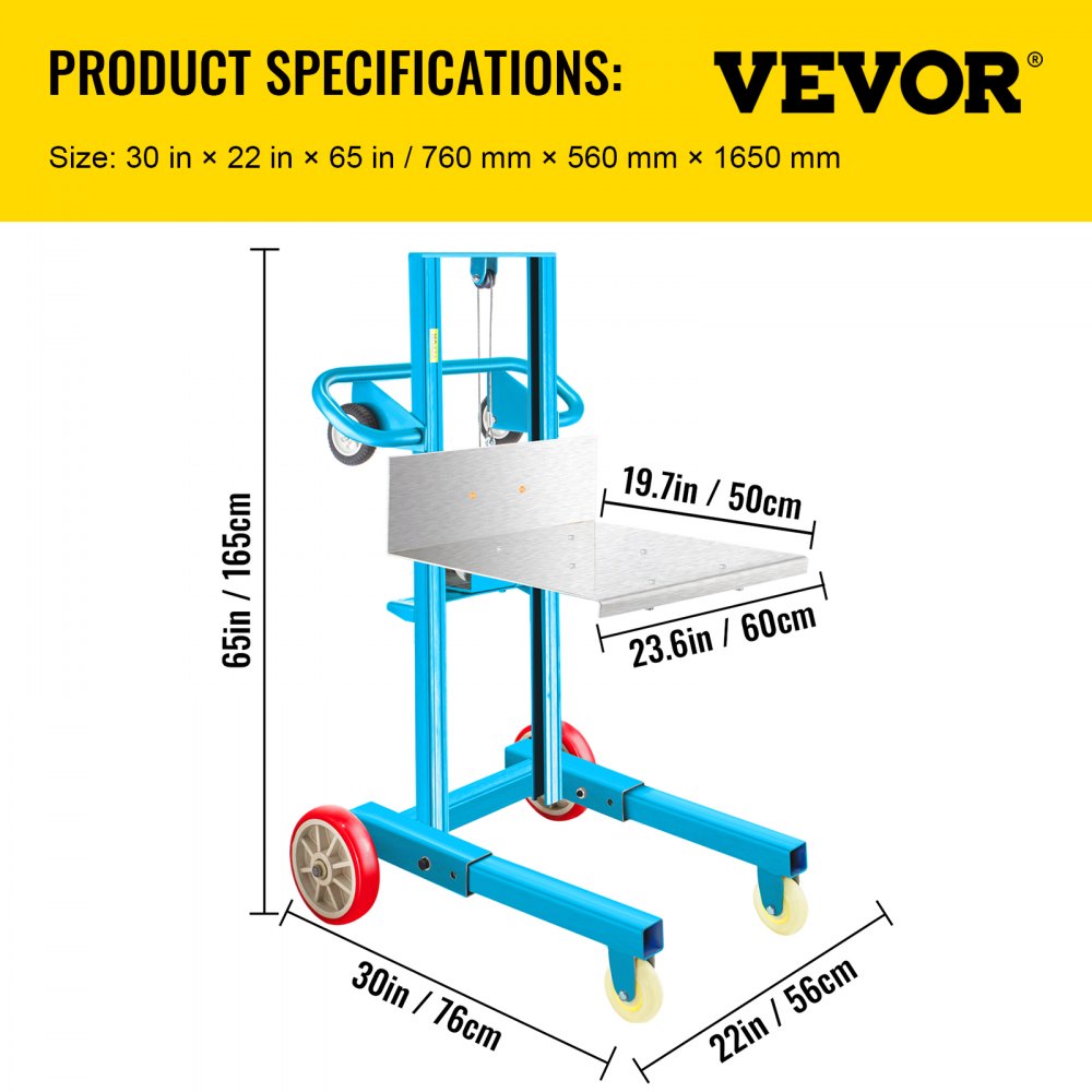 VEVOR Apilador de cabrestante manual, rango de altura de 4.7" - 57", plataforma de 23.6" de largo x 19.7" de ancho, cabrestante de elevación de carga Steel Lite, camión elevador de cabrestante manual, elevación de material de 485 lbs de capacidad para instalaciones de envío