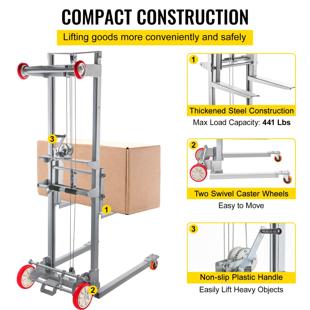 VEVOR Manual Winch Stacker, 43.3" Length, 27.6" Width, 76.4" Height, 8.7" - 106.3" Height Range, Adjustable Straddle Hand Winch Lift Truck, 441 lbs Capacity, Material Lifts for Warehouse and Factory