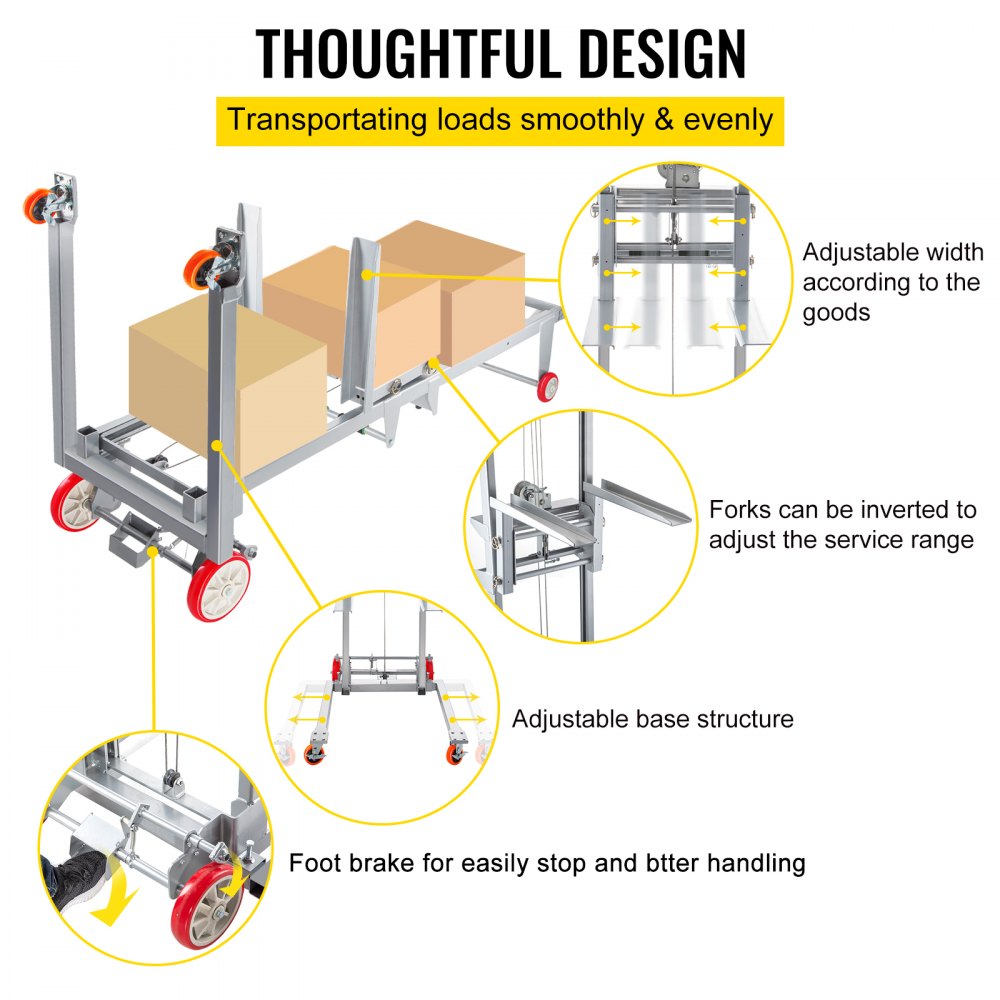 VEVOR Manual Winch Stacker, 43.3" Length, 27.6" Width, 76.4" Height, 8.7" - 106.3" Height Range, Adjustable Straddle Hand Winch Lift Truck, 441 lbs Capacity, Material Lifts for Warehouse and Factory