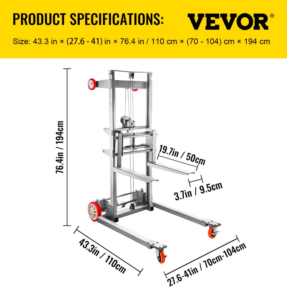 VEVOR Manual Winch Stacker, 43.3" Length, 27.6" Width, 76.4" Height, 8.7" - 106.3" Height Range, Adjustable Straddle Hand Winch Lift Truck, 441 lbs Capacity, Material Lifts for Warehouse and Factory