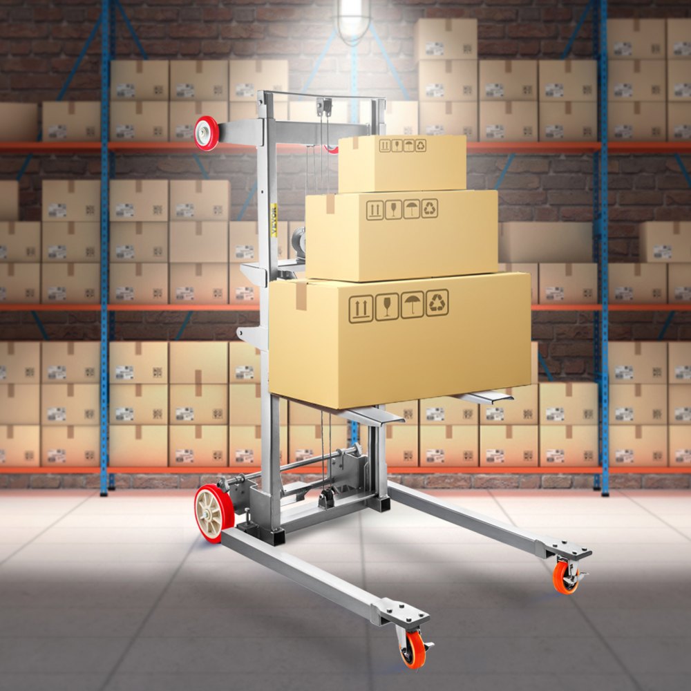 VEVOR Manual Winch Stacker, 43.3" Length, 27.6" Width, 76.4" Height, 8.7" - 106.3" Height Range, Adjustable Straddle Hand Winch Lift Truck, 441 lbs Capacity, Material Lifts for Warehouse and Factory