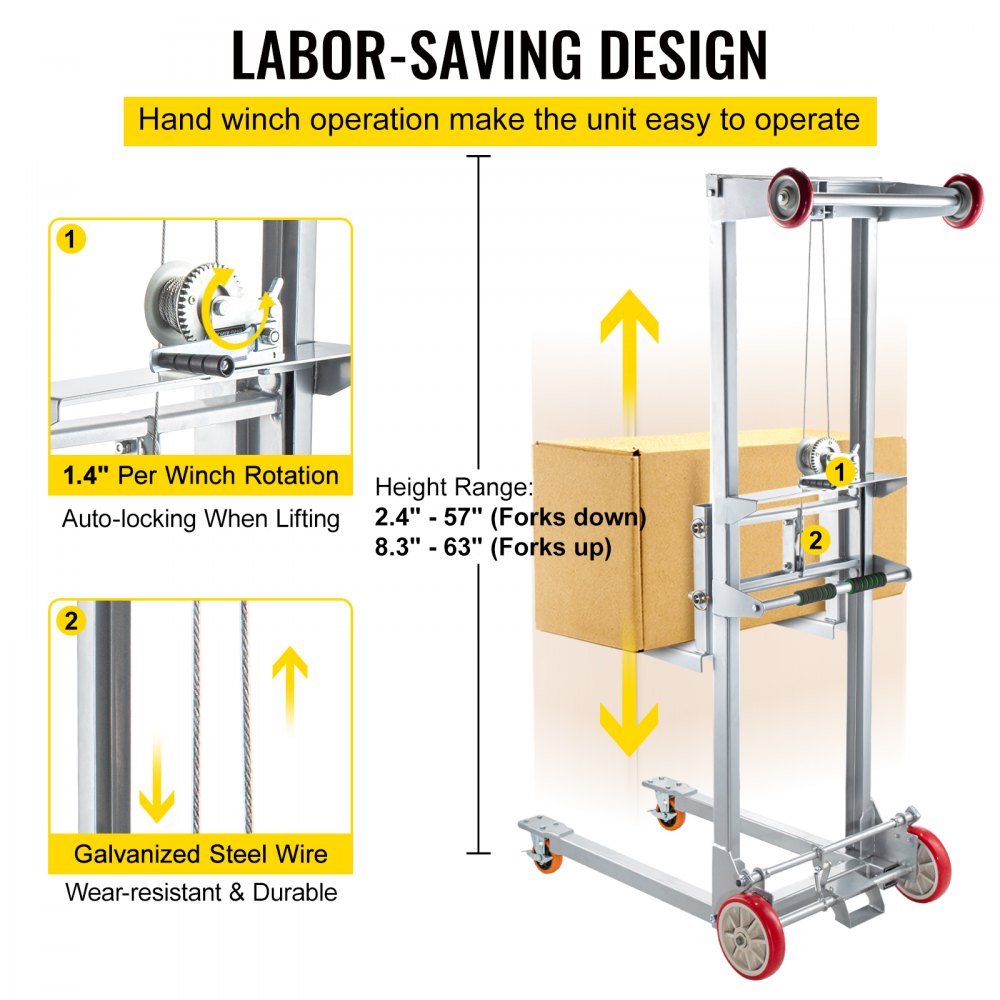 VEVOR Manual Winch Stacker Material Lift 63" Max Height 551 lbs Capacity Lift