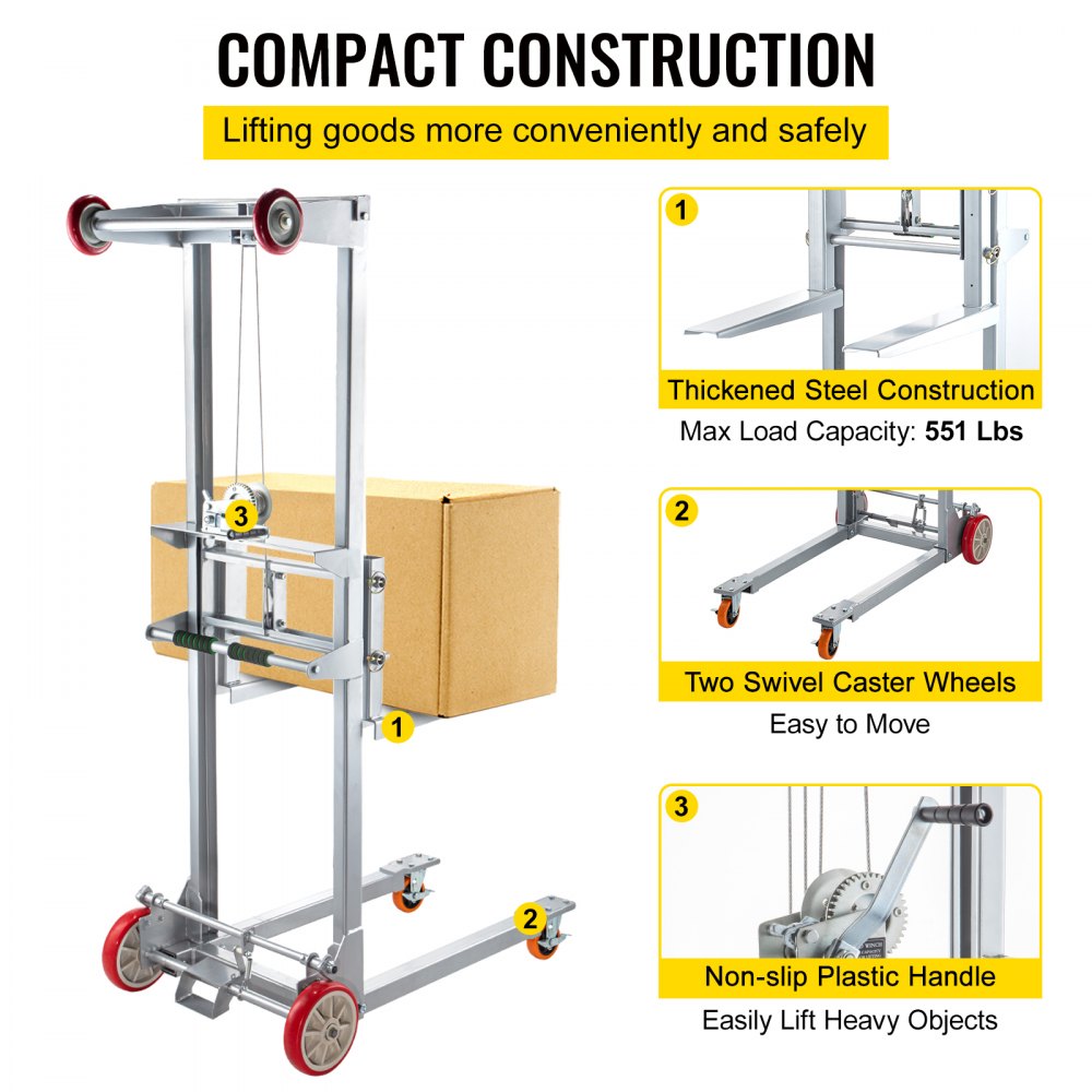VEVOR Manual Winch Stacker Material Lift 63" Max Height 551 lbs Capacity Lift