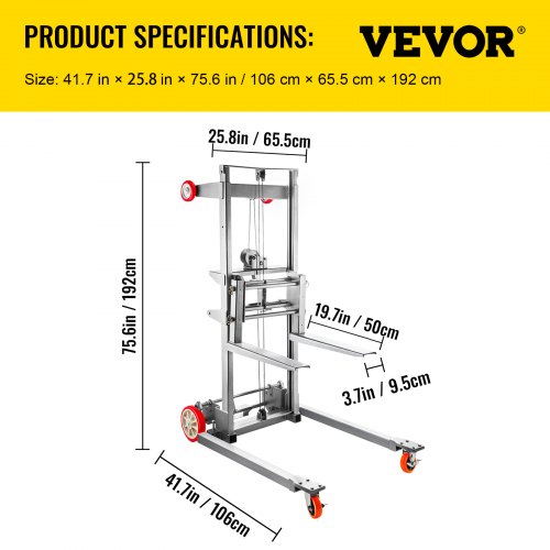 VEVOR Manual Winch Stacker, 41.7" Length, 25.8" Width, 72.4" Height, 2.4" - 63" Height Range, Adjustable Straddle Hand Winch Lift Truck, 551 lbs Capacity, Material Lifts for Warehouse and Factory