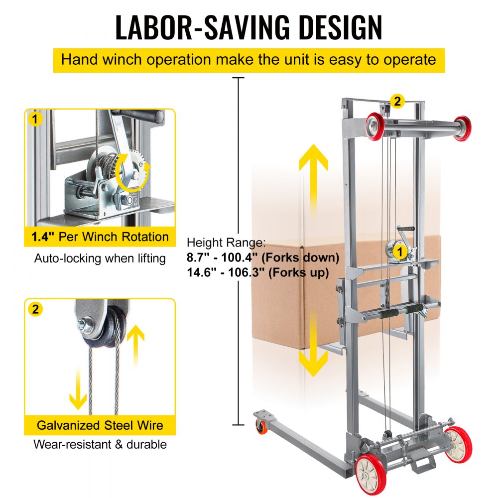 VEVOR Manual Winch Stacker, 41.7" Length, 25.8" Width, 72.4" Height, 2.4" - 63" Height Range, Adjustable Straddle Hand Winch Lift Truck, 551 lbs Capacity, Material Lifts for Warehouse and Factory