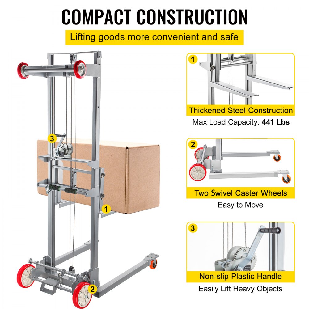 VEVOR Manual Winch Stacker, 41.7" Length, 25.8" Width, 72.4" Height, 2.4" - 63" Height Range, Adjustable Straddle Hand Winch Lift Truck, 551 lbs Capacity, Material Lifts for Warehouse and Factory