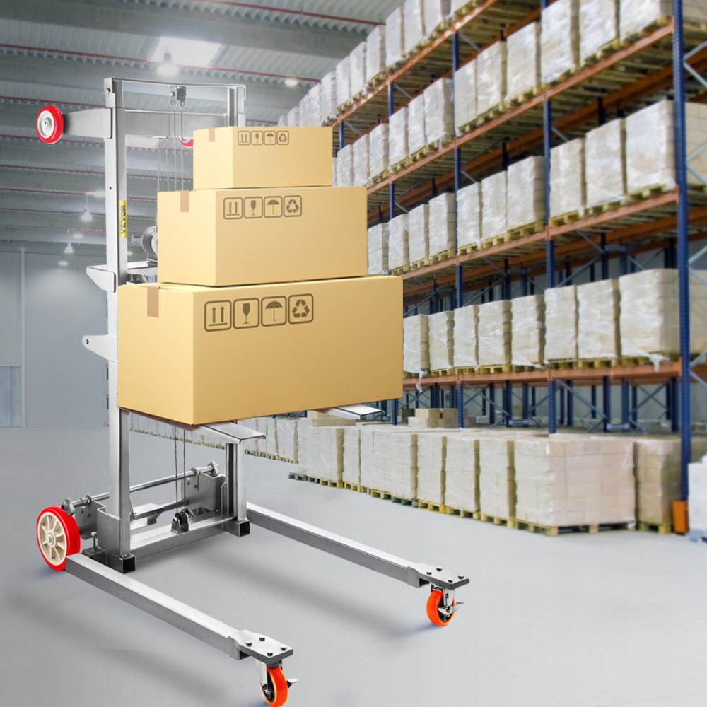 VEVOR Manual Winch Stacker, 41.7" Length, 25.8" Width, 72.4" Height, 2.4" - 63" Height Range, Adjustable Straddle Hand Winch Lift Truck, 551 lbs Capacity, Material Lifts for Warehouse and Factory