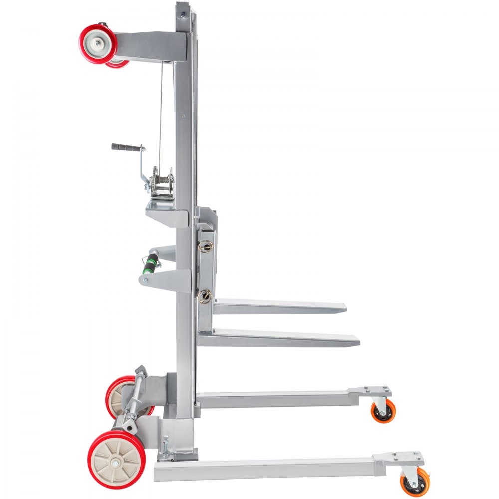 VEVOR Manual Winch Stacker, 41.7" Length, 25.8" Width, 72.4" Height, 2.4" - 63" Height Range, Adjustable Straddle Hand Winch Lift Truck, 551 lbs Capacity, Material Lifts for Warehouse and Factory