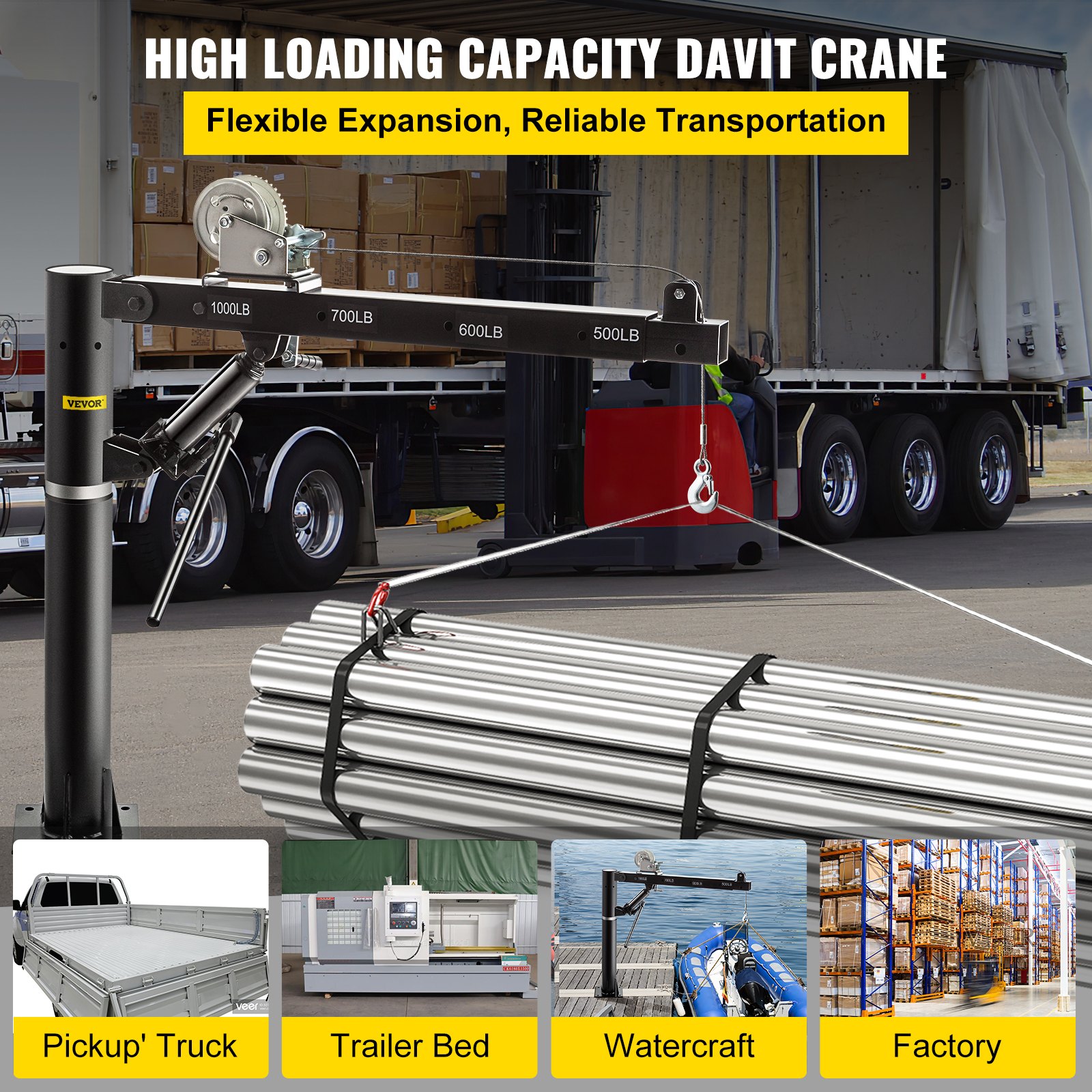 VEVOR Davit Crane, 1000lbs Pickup Truck Crane, 360°Swivel Design, Hydraulic Cable Winch Telescopic Hoist Crane for Truck, Crane Hitch for Lifting Goods in Construction, Factory, and Transport