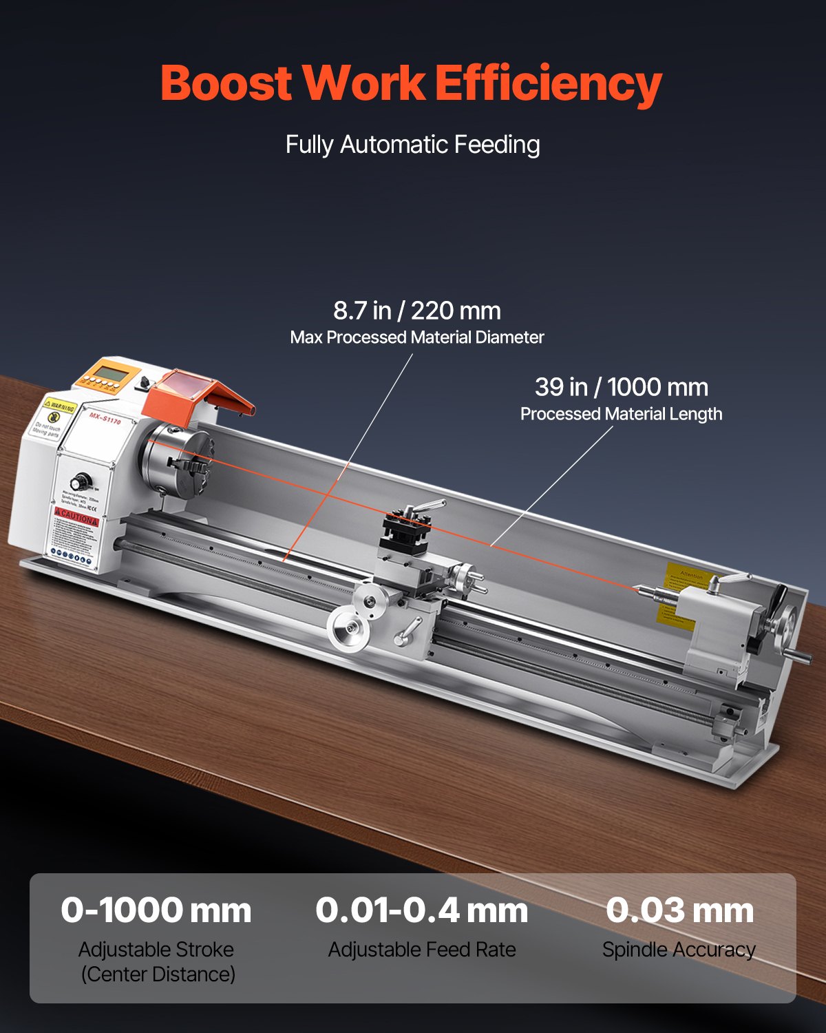 VEVOR Metal Lathe Machine, 220 x 1000 mm(8.7 x 39 in), Precision Bench Power Metal Lathe, Automatic Feed, 0-2500 RPM Variable Speed, 1250W Brushless Motor, for Processing Precision Parts Soft Metals Wood Plastics