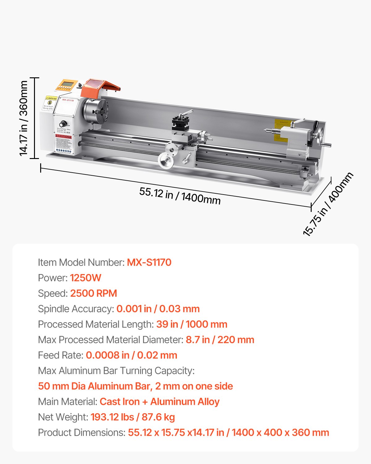 VEVOR Metal Lathe Machine, 220 x 1000 mm(8.7 x 39 in), Precision Bench Power Metal Lathe, Automatic Feed, 0-2500 RPM Variable Speed, 1250W Brushless Motor, for Processing Precision Parts Soft Metals Wood Plastics