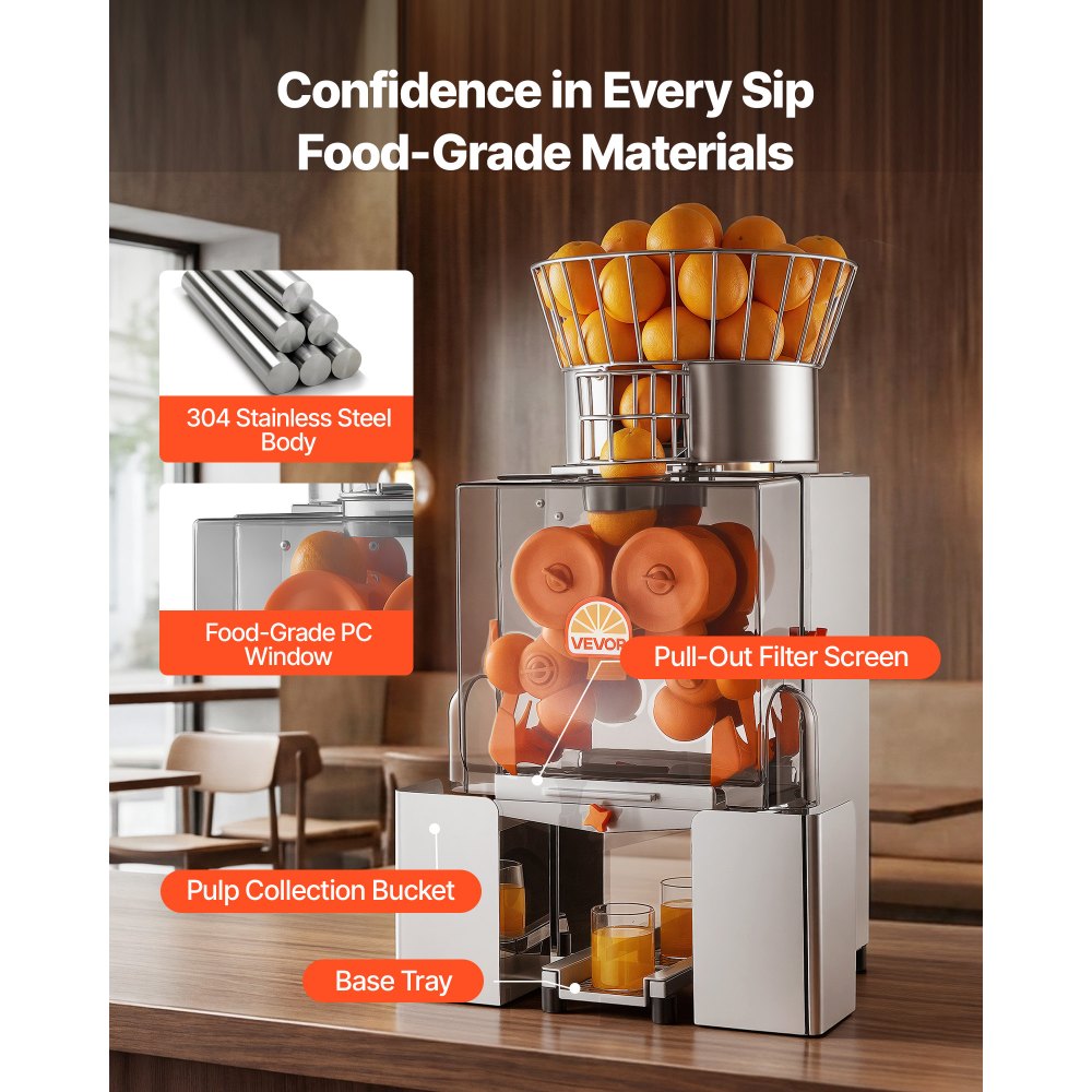 VEVOR Commercial Orange Juicer Machine, 120W Electric Automatic Orange Squeezer, Lemon Citrus Pomegranates Extractor for 20 per Minute, Stainless Steel, with Peel Collecting Bucket, PC Cover