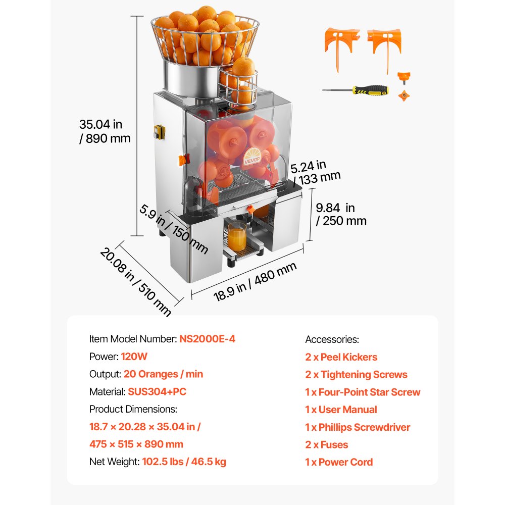 VEVOR Commercial Orange Juicer Machine, 120W Electric Automatic Orange Squeezer, Lemon Citrus Pomegranates Extractor for 20 per Minute, Stainless Steel, with Peel Collecting Bucket, PC Cover