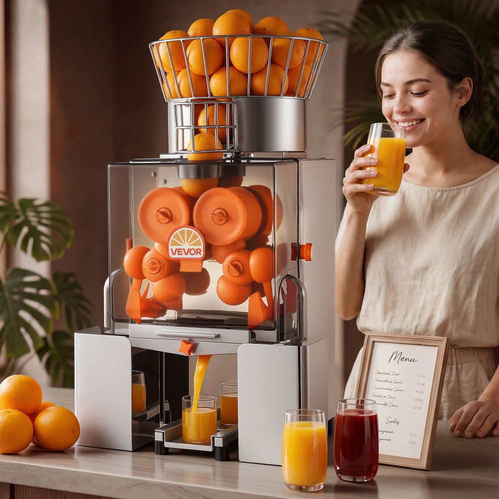 VEVOR Commercial Orange Juicer Machine, 120W Electric Automatic Orange Squeezer, Lemon Citrus Pomegranates Extractor for 20 per Minute, Stainless Steel, with Peel Collecting Bucket, PC Cover
