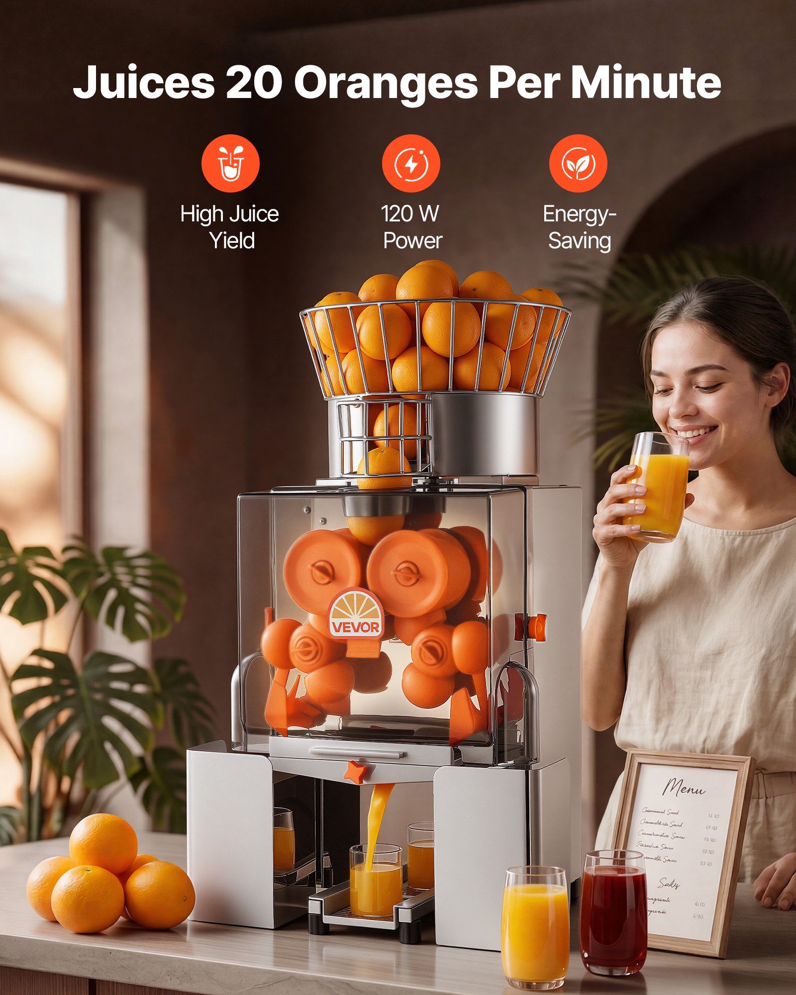 VEVOR Commercial Orange Juicer Machine, 120W Electric Automatic Orange Squeezer, Lemon Citrus Pomegranates Extractor for 20 per Minute, Stainless Steel, with Peel Collecting Bucket, PC Cover