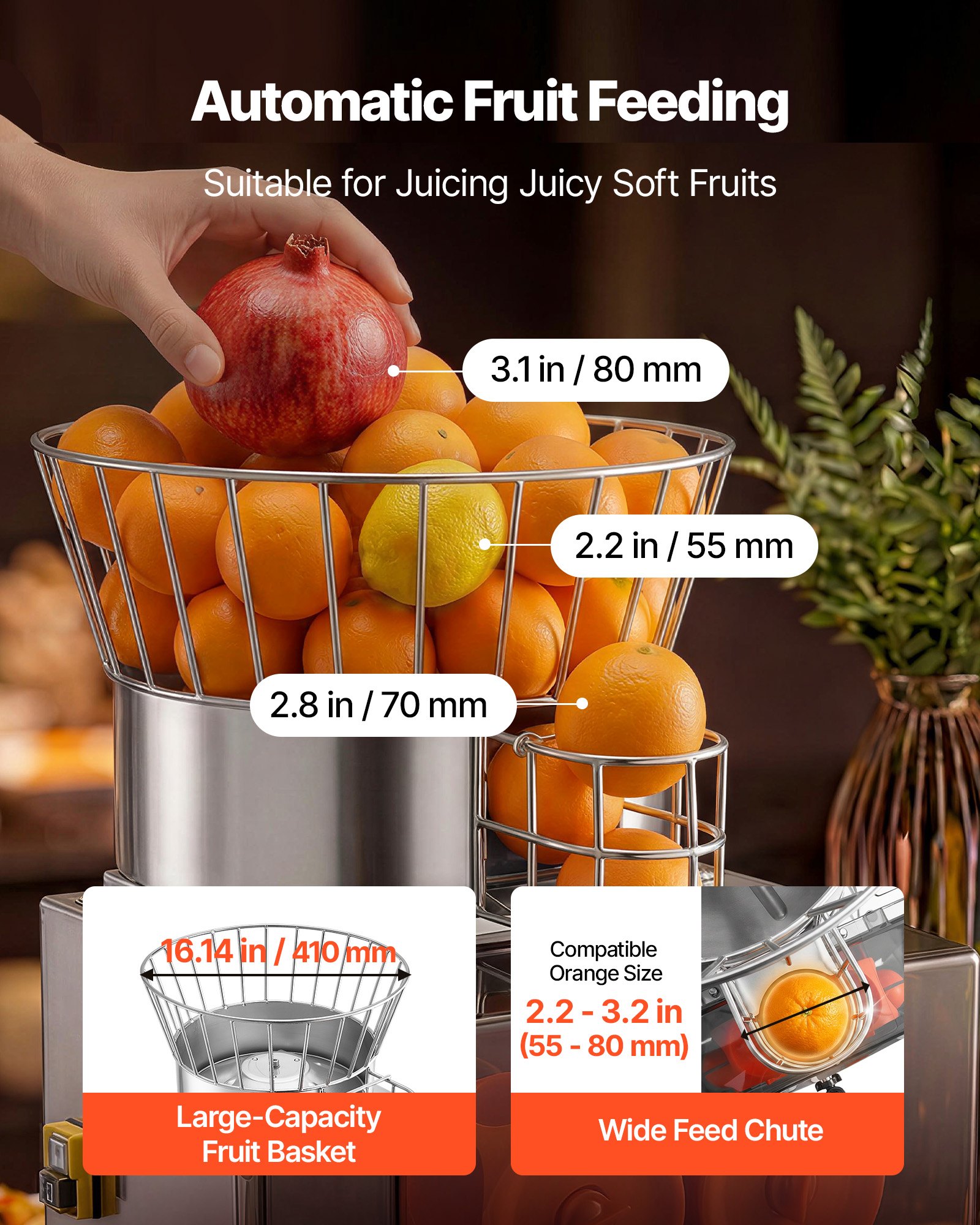VEVOR Commercial Orange Juicer Machine, 120W Electric Automatic Orange Squeezer, Lemon Citrus Pomegranates Extractor for 20 per Minute, Stainless Steel, with Peel Collecting Bucket, PC Cover