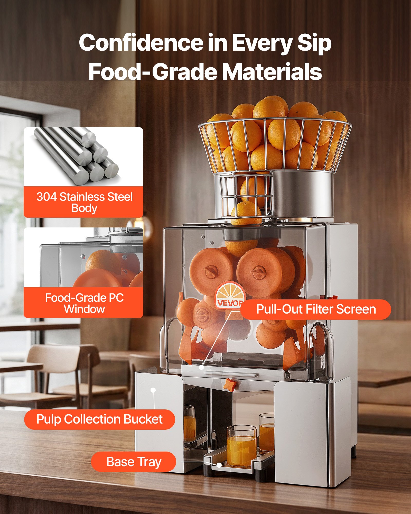 VEVOR Commercial Orange Juicer Machine, 120W Electric Automatic Orange Squeezer, Lemon Citrus Pomegranates Extractor for 20 per Minute, Stainless Steel, with Peel Collecting Bucket, PC Cover