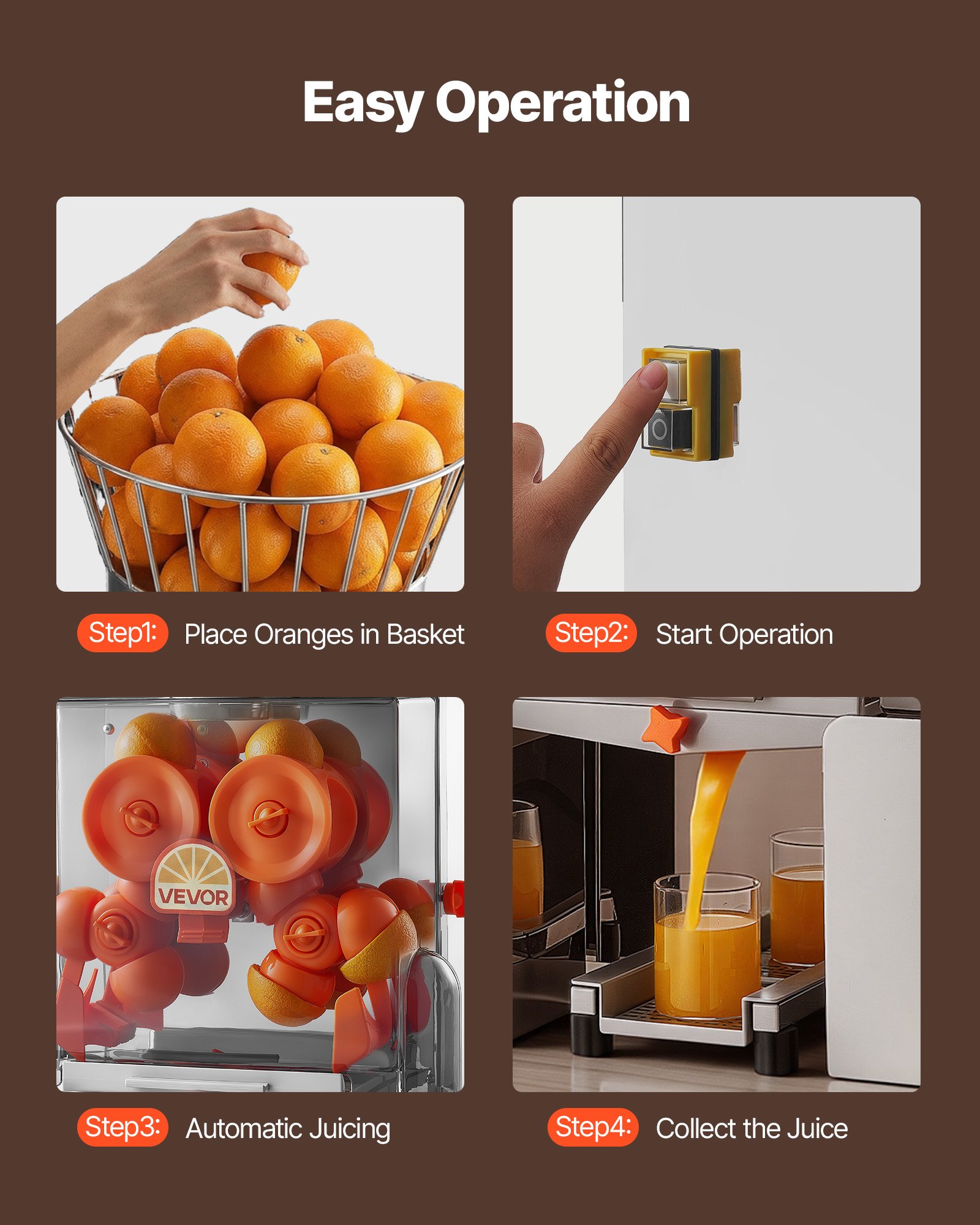 VEVOR Commercial Orange Juicer Machine, 120W Electric Automatic Orange Squeezer, Lemon Citrus Pomegranates Extractor for 20 per Minute, Stainless Steel, with Peel Collecting Bucket, PC Cover