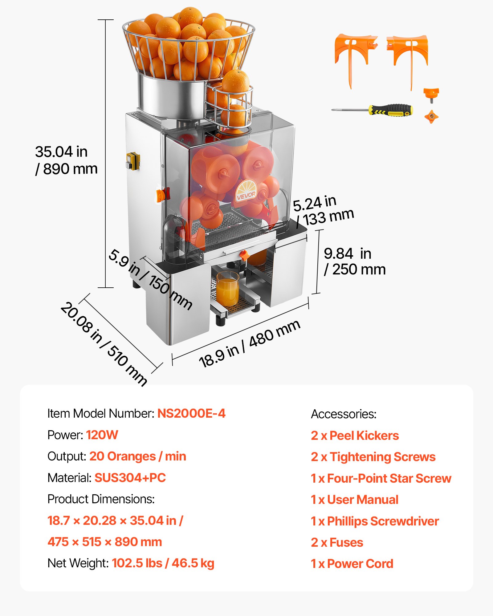 VEVOR Commercial Orange Juicer Machine, 120W Electric Automatic Orange Squeezer, Lemon Citrus Pomegranates Extractor for 20 per Minute, Stainless Steel, with Peel Collecting Bucket, PC Cover