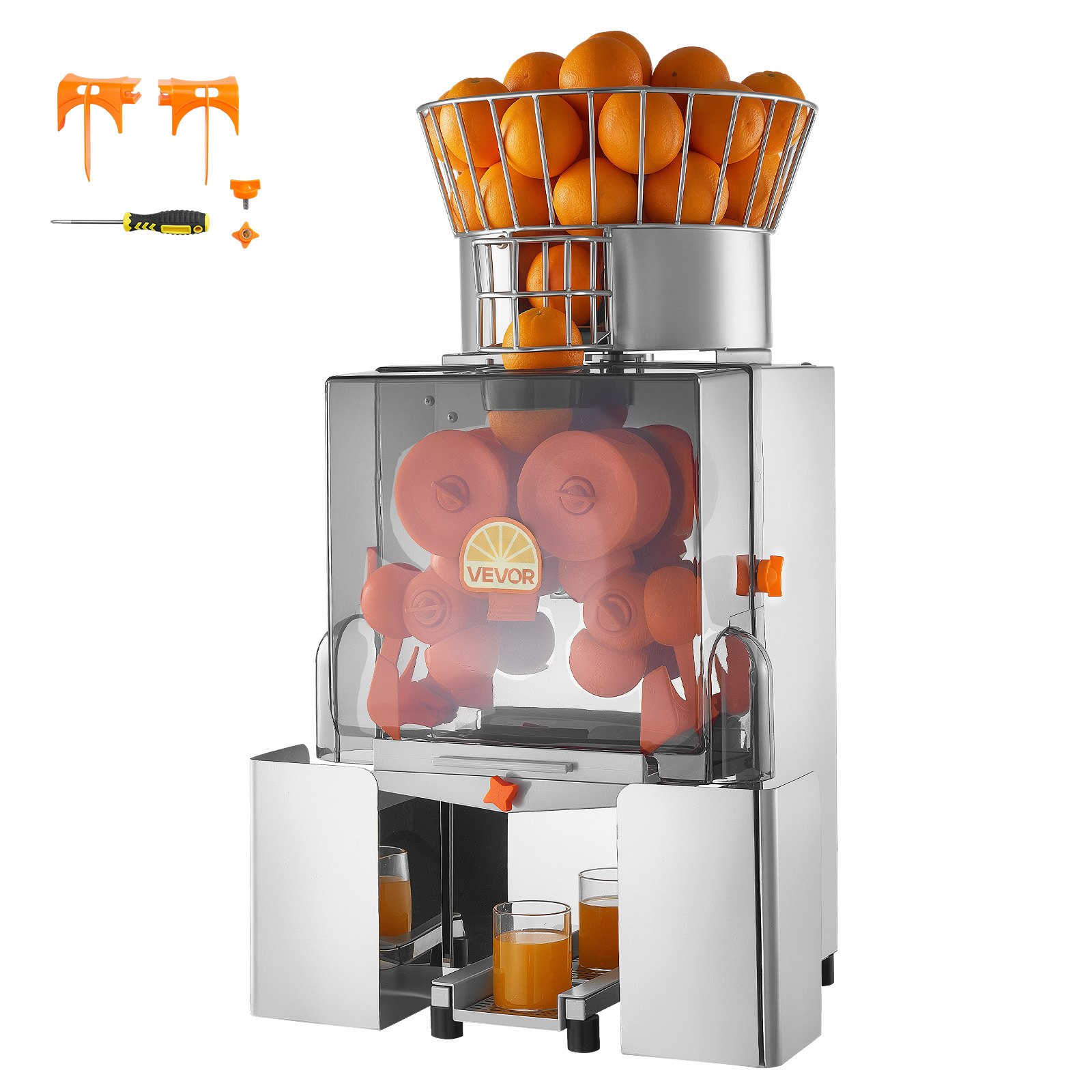 VEVOR Commercial Orange Juicer Machine, 120W Electric Automatic Orange Squeezer, Lemon Citrus Pomegranates Extractor for 20 per Minute, Stainless Steel, with Peel Collecting Bucket, PC Cover