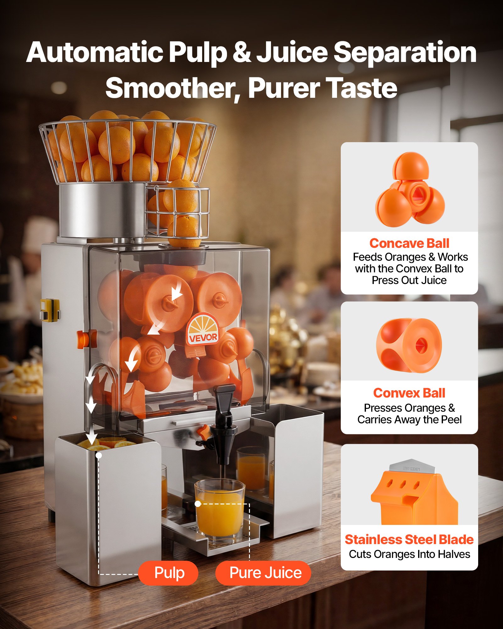 VEVOR Commercial Orange Juicer Machine, 120W Electric Automatic Orange Squeezer, Lemon Citrus Pomegranates Extractor for 20 per Minute, Stainless Steel, with Water Tap, Peels Collecting Bucket