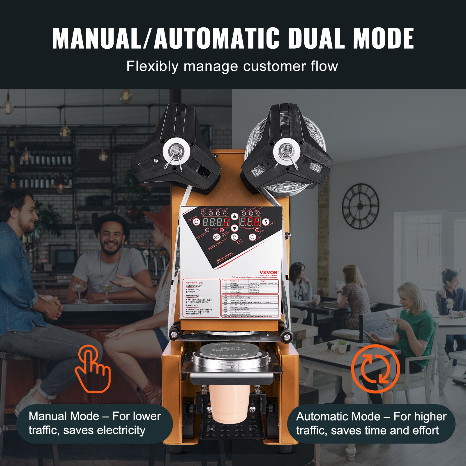 VEVOR Fully Automatic Cup Sealing Machine, 500-650 Cups/H, Cup Sealer Machine for 190 mm Tall & 90/95 mm Cup, Electric Boba Tea Sealer with Digital Control LCD Panel for Bubble Milk Tea Coffee, Gold