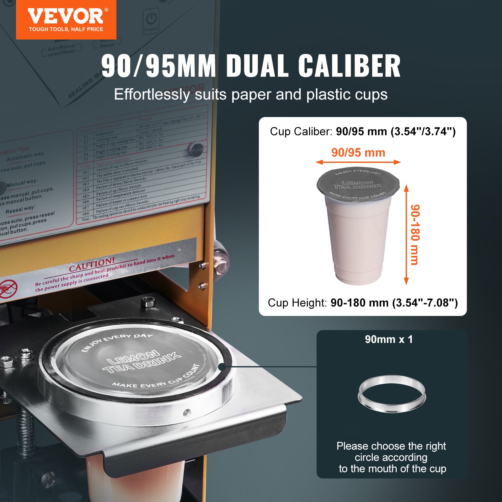 VEVOR Fully Automatic Cup Sealing Machine, 500-650 Cups/H, Cup Sealer Machine for 180 mm Tall & 90/95 mm Cup, Electric Boba Tea Sealer with Digital Control LCD Panel for Bubble Milk Tea Coffee, Gold