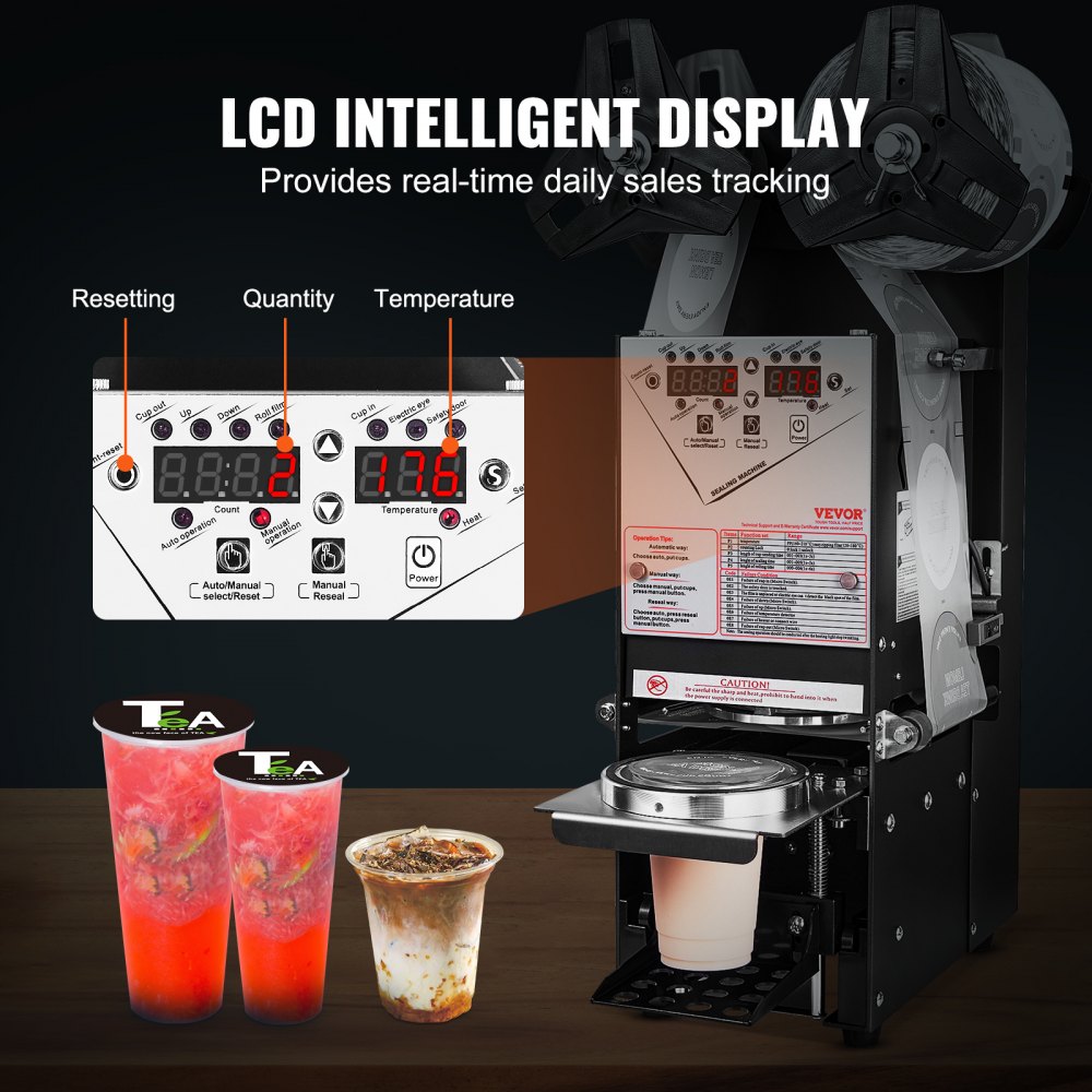 VEVOR Fully Automatic Cup Sealing Machine, 500-650 Cups/H, Cup Sealer Machine for 180 mm Tall & 90/95 mm Cup, Electric Tea Sealer with Digital Control LCD Panel for Bubble Milk Tea Coffee, Black