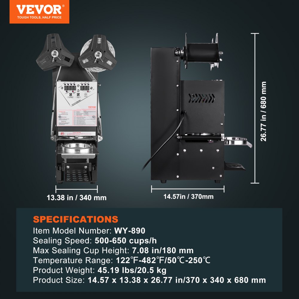 VEVOR Fully Automatic Cup Sealing Machine, 500-650 Cups/H, Cup Sealer Machine for 180 mm Tall & 90/95 mm Cup, Electric Tea Sealer with Digital Control LCD Panel for Bubble Milk Tea Coffee, Black