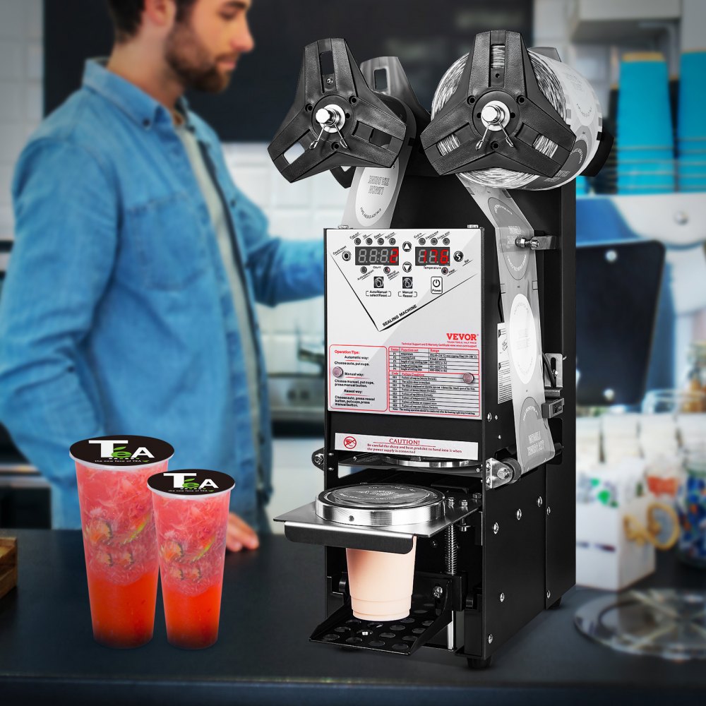 VEVOR Fully Automatic Cup Sealing Machine, 500-650 Cups/H, Cup Sealer Machine for 180 mm Tall & 90/95 mm Cup, Electric Tea Sealer with Digital Control LCD Panel for Bubble Milk Tea Coffee, Black