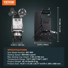 VEVOR Fully Automatic Cup Sealing Machine, 500-650 Cups/H, Cup Sealer Machine for 180 mm Tall & 90/95 mm Cup, Electric Boba Tea Sealer with Digital Control LCD Panel for Bubble Milk Tea Coffee, Black