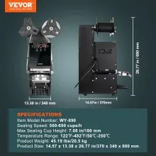 VEVOR Fully Automatic Cup Sealing Machine, 500-650 Cups/H, Cup Sealer Machine for 180 mm Tall & 90/95 mm Cup, Electric Tea Sealer with Digital Control LCD Panel for Bubble Milk Tea Coffee, Black