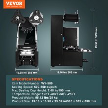 VEVOR Fully Automatic Cup Sealing Machine, 500-650 Cups/H, Cup Sealer Machine for 190 mm Tall & 90/95 mm Cup, Electric Boba Tea Sealer with Digital Control LCD Panel for Bubble Milk Tea Coffee, Black
