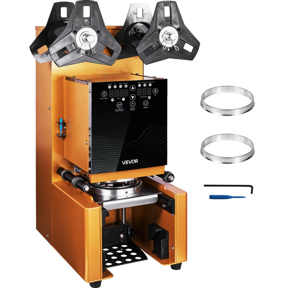 VEVOR Fully Automatic Cup Sealing Machine, 500-650 Cups/H, Cup Sealer Machine for 190 mm Tall & 90/95 mm Cup, Electric Boba Tea Sealer with Digital Control LCD Panel for Bubble Milk Tea Coffee, Gold