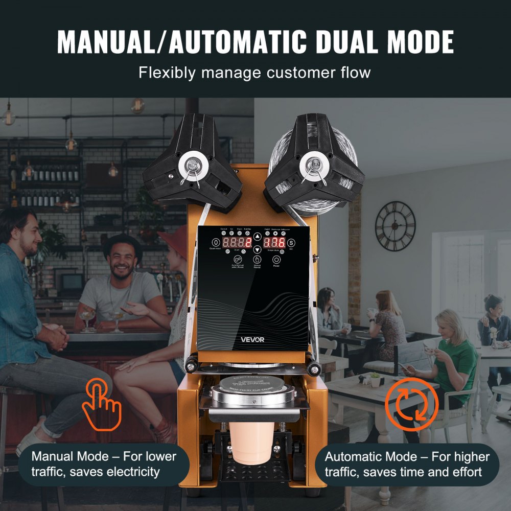 VEVOR Fully Automatic Cup Sealing Machine, 500-650 Cups/H, Cup Sealer Machine for 190 mm Tall & 90/95 mm Cup, Electric Boba Tea Sealer with Digital Control LCD Panel for Bubble Milk Tea Coffee, Gold