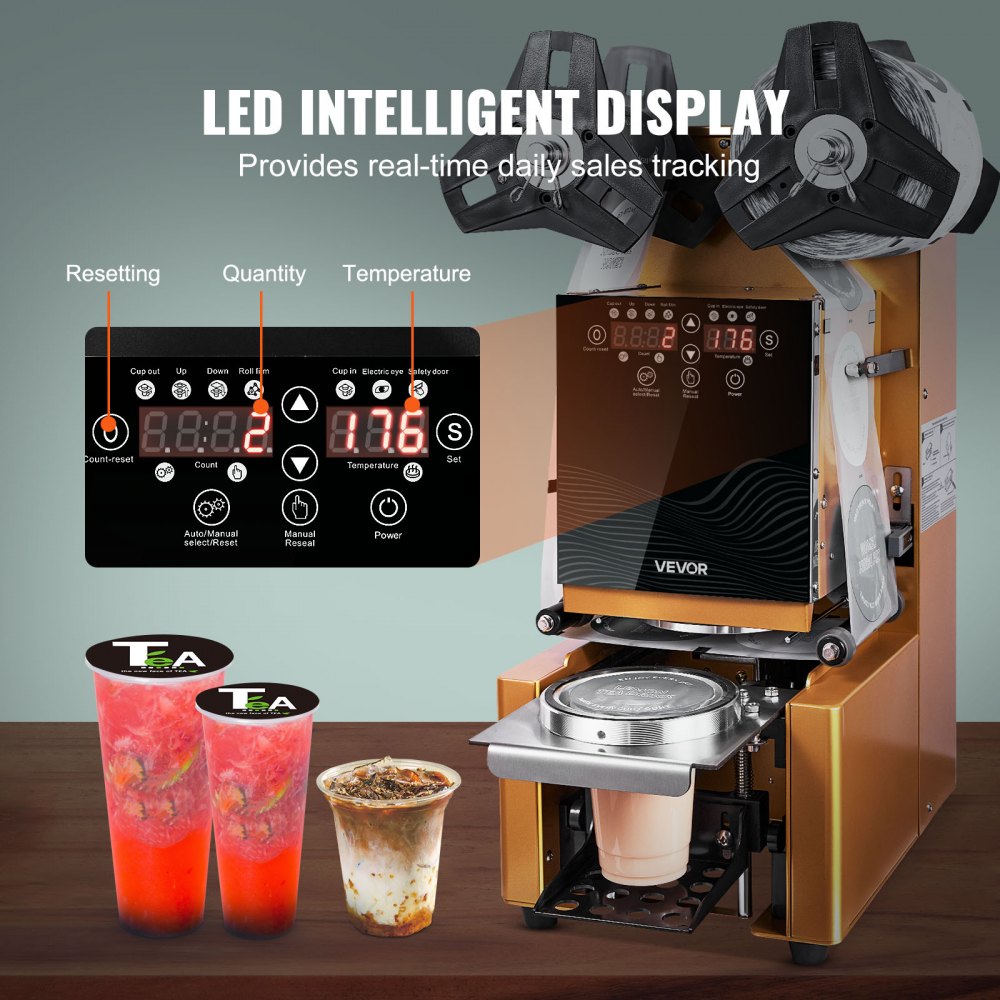 VEVOR Fully Automatic Cup Sealing Machine, 500-650 Cups/H, Cup Sealer Machine for 190 mm Tall & 90/95 mm Cup, Electric Boba Tea Sealer with Digital Control LCD Panel for Bubble Milk Tea Coffee, Gold