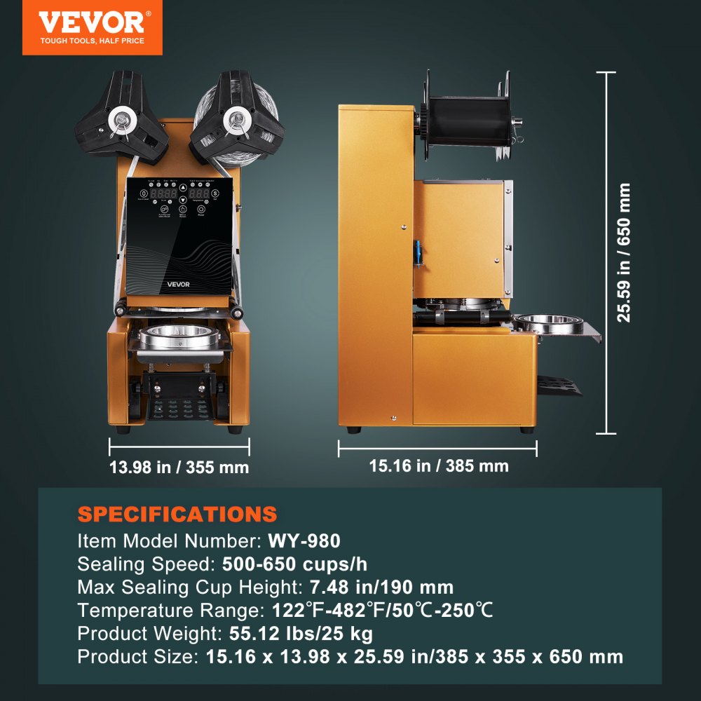 VEVOR Fully Automatic Cup Sealing Machine, 500-650 Cups/H, Cup Sealer Machine for 190 mm Tall & 90/95 mm Cup, Electric Boba Tea Sealer with Digital Control LCD Panel for Bubble Milk Tea Coffee, Gold