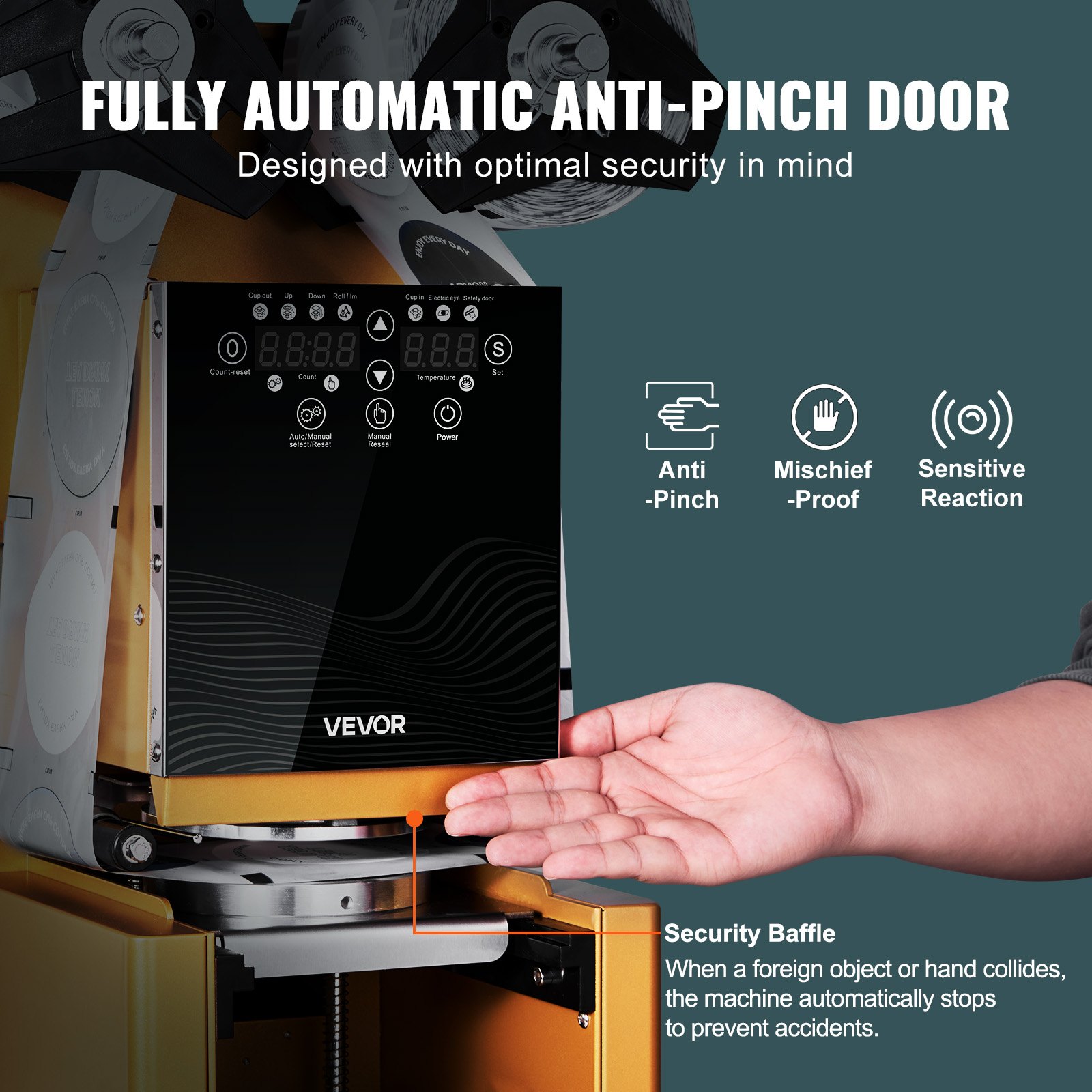 VEVOR Fully Automatic Cup Sealing Machine, 500-650 Cups/H, Cup Sealer Machine for 190 mm Tall & 90/95 mm Cup, Electric Boba Tea Sealer with Digital Control LCD Panel for Bubble Milk Tea Coffee, Gold