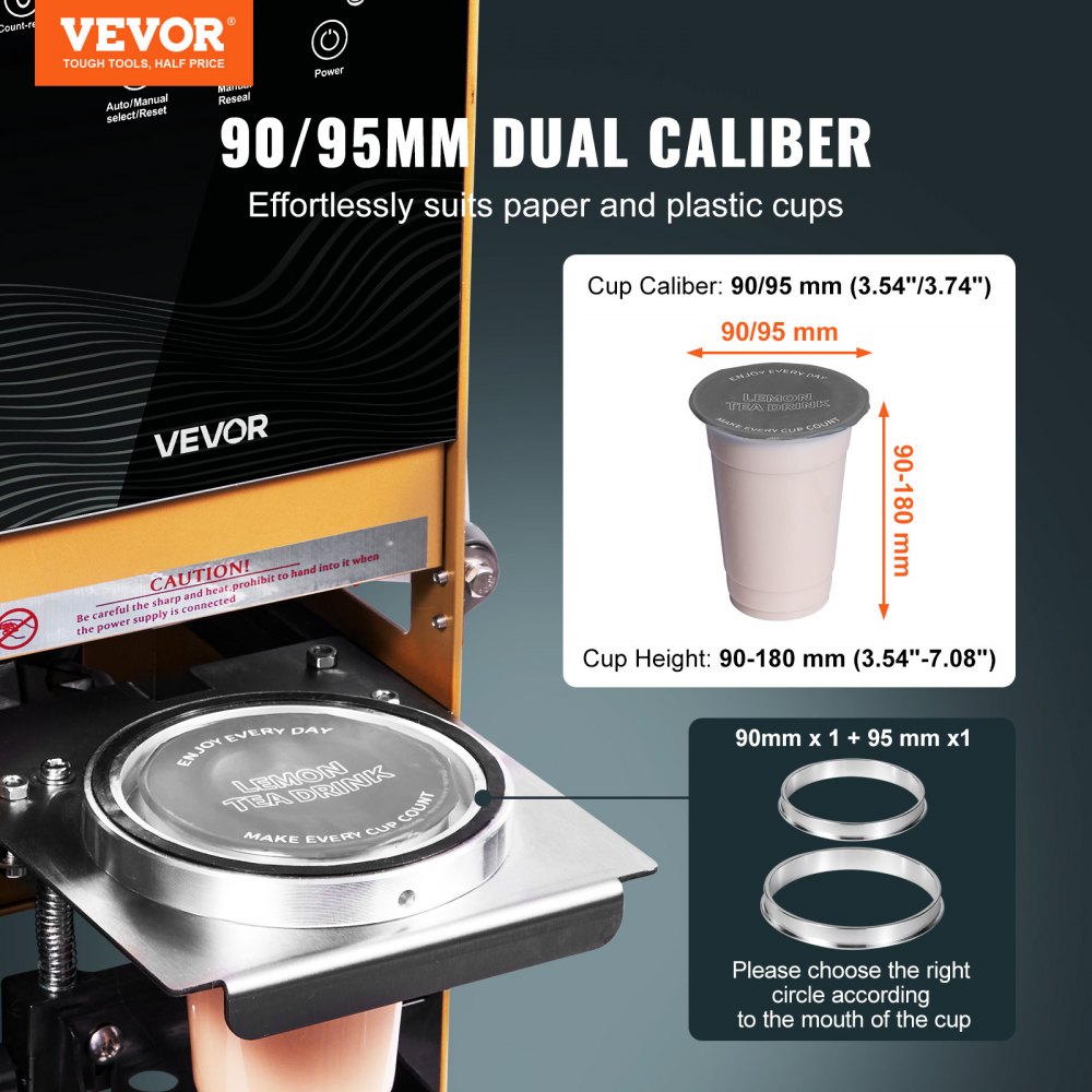 VEVOR Fully Automatic Cup Sealing Machine, 500-650 Cups/H, Cup Sealer Machine for 180 mm Tall & 90/95 mm Cup, Electric Boba Tea Sealer with Digital Control LCD Panel for Bubble Milk Tea Coffee, Gold